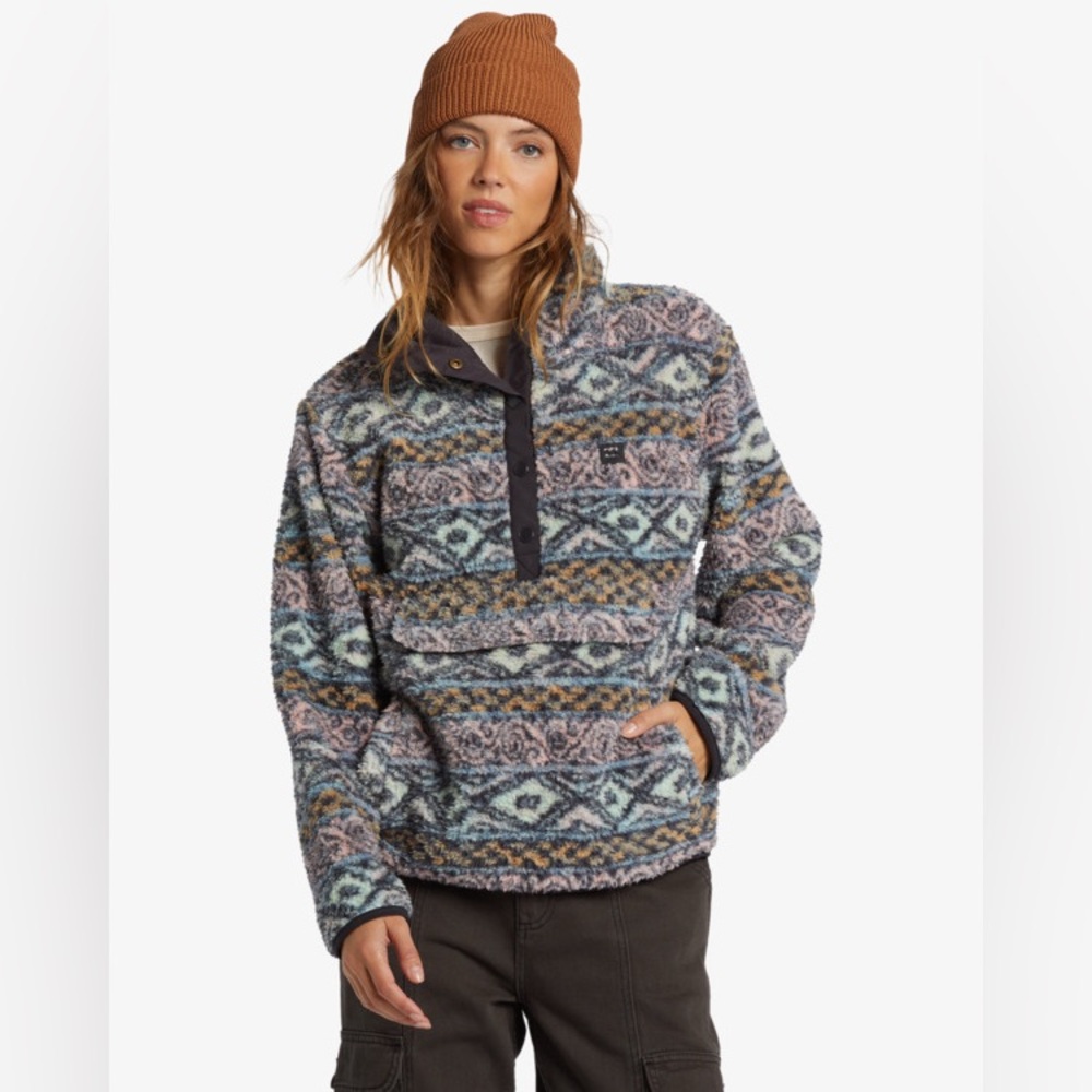 Billabong Multicolor Patterned Sherpa Pullover - Blue, Brown, Pink
